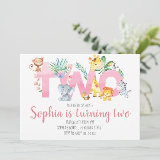 ジャングル動物サファリピンクの2歳の誕生日の少女がかわいい 招待状 (スタンド正面)