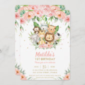 ジャングル動物サファリピンクフローラ1歳の誕生日 招待状 (正面/裏面)