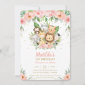 ジャングル動物サファリピンクフローラ1歳の誕生日 招待状 (正面)