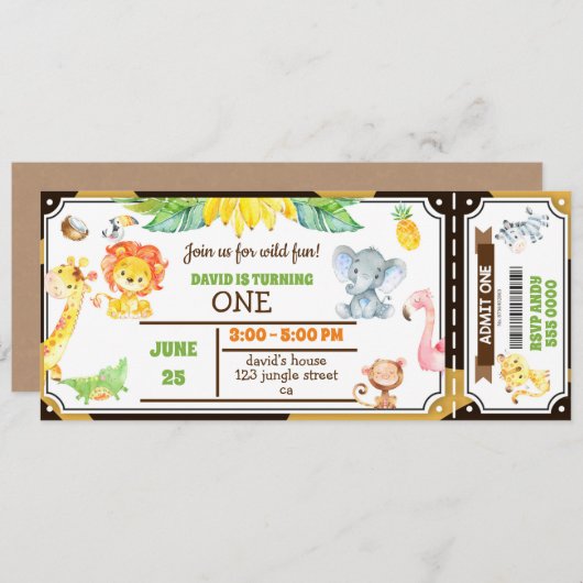 ジャングル動物サファリボーイファースト誕生日チケット 招待状 (正面/裏面)