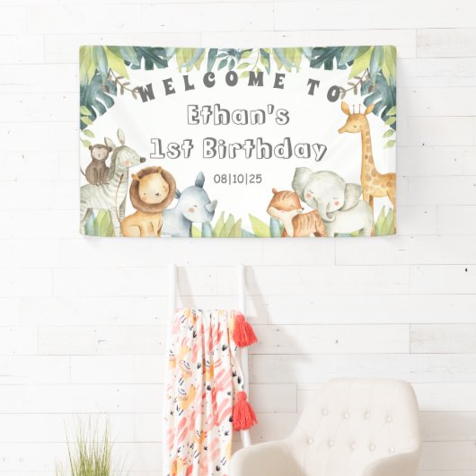 ジャングル動物サファリ1歳の誕生日ウェルカムパーティー 横断幕 (インサイチュ)