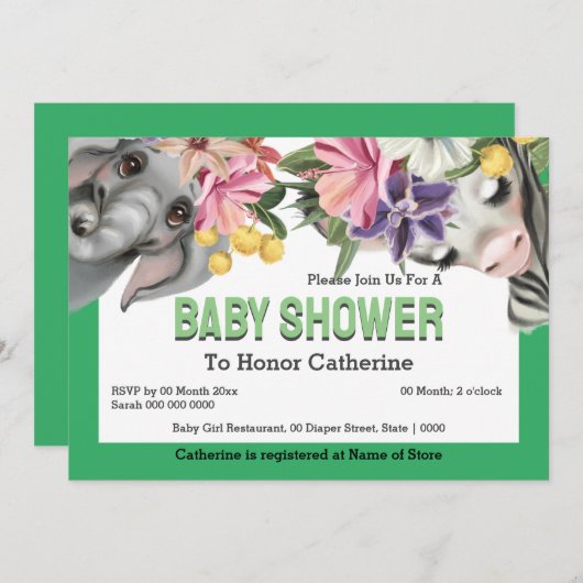 ジャングル動物ゼブラゾウかわいい赤ちゃんシャワー 招待状 (正面/裏面)