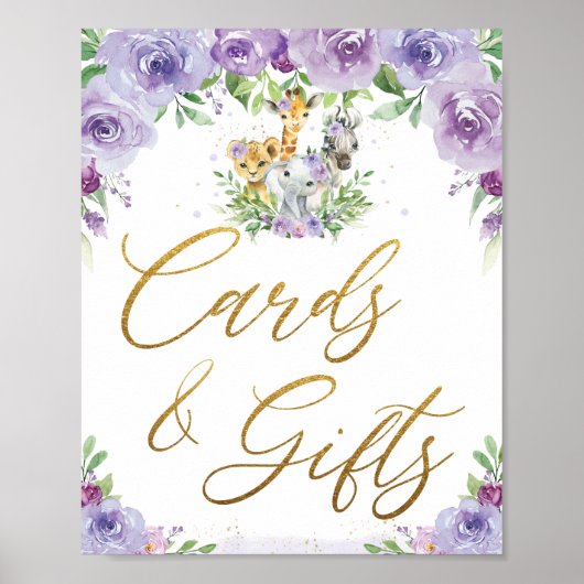 ジャングル動物パープルフローラカードとギフトサイン ポスター (正面)