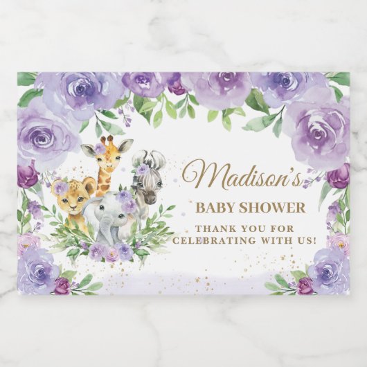 ジャングル動物パープルフローラ赤ちゃんシャワーの好意 スパークリングワインラベル (シングルラベル)