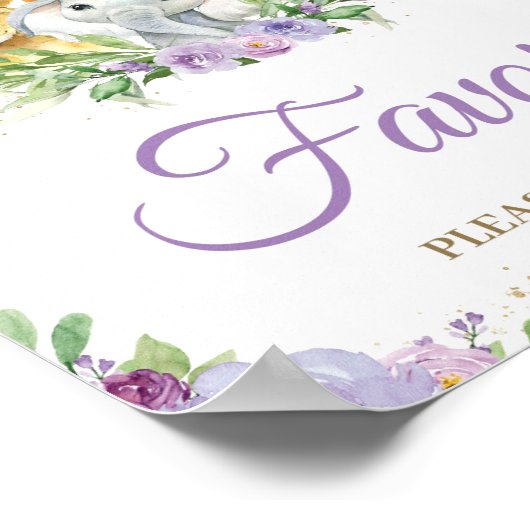 ジャングル動物パープルフローラ赤ちゃんシャワーの好意 ポスター (角)