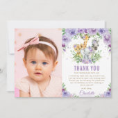 ジャングル動物パープルフローラ1st誕生日の写真 サンキューカード (正面)