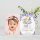 ジャングル動物パープルフローラ1st誕生日の写真 サンキューカード (スタンド正面)