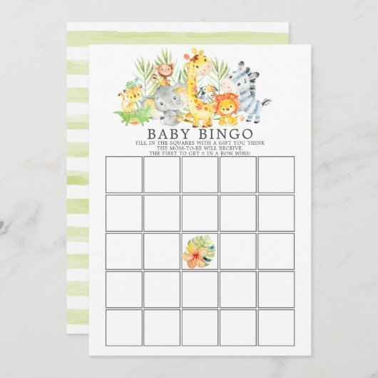 ジャングル動物ビンゴ赤ちゃんシャワーゲーム 招待状 (正面/裏面)
