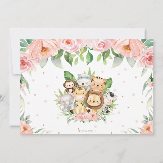 ジャングル動物ピンクフローラ1st誕生日の写真 招待状 (裏面)