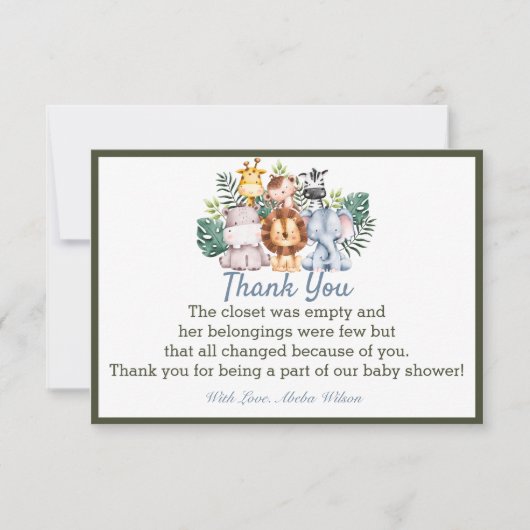 ジャングル動物ベビーシャワーパーティーサンキューカード サンキューカード (正面)