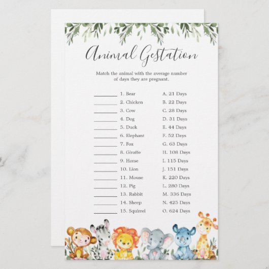 ジャングル動物ベビーシャワー動物の妊娠ゲーム (正面/裏面)
