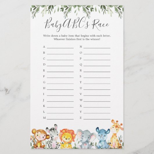 ジャングル動物ベビーシャワーABCのレースゲーム (正面)