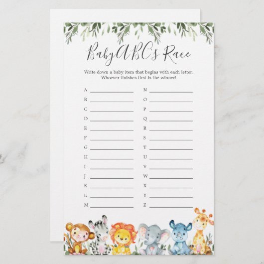 ジャングル動物ベビーシャワーABCのレースゲーム (正面/裏面)