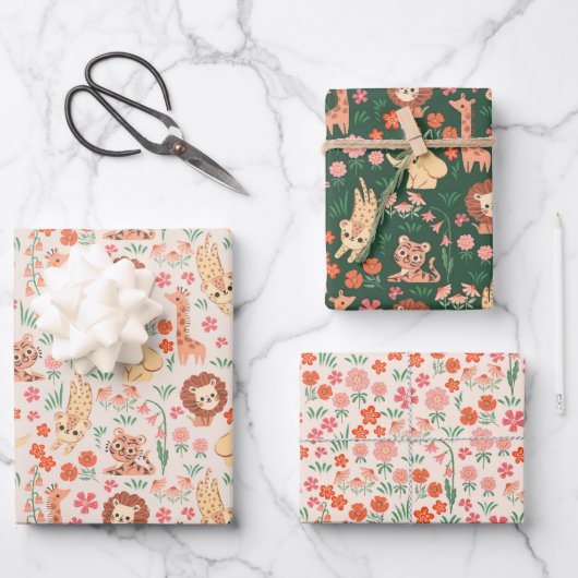 ジャングル動物ラッピング紙フラットシートセット3 ラッピングペーパーシート (正面)
