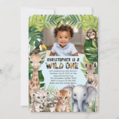 ジャングル動物ワイルドワン1歳の誕生日の写真 招待状 (正面)