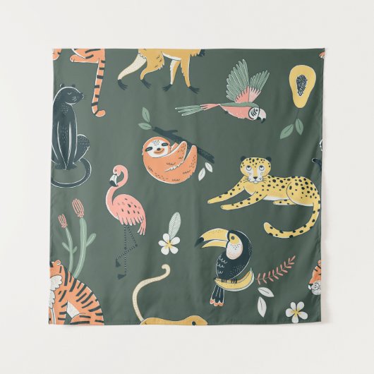 ジャングル動物ヴィンテージ動物相 タペストリー (正面)