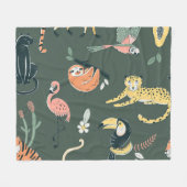 ジャングル動物ヴィンテージ動物相 フリースブランケット (正面(横))