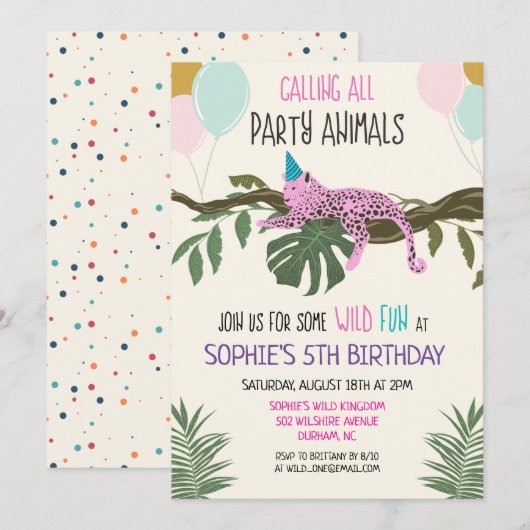 ジャングル動物園の女子誕生日パーティー招待状 招待状 (正面/裏面)