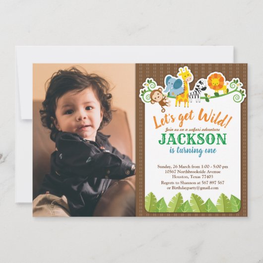 ジャングル動物園アニマルサファリアドベンチャー誕生日写真 招待状 (正面)