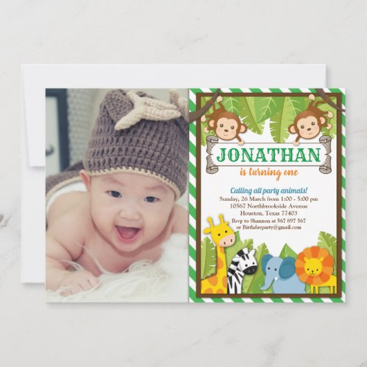 ジャングル動物園アニマルサファリアドベンチャー誕生日写真 招待状 (正面)