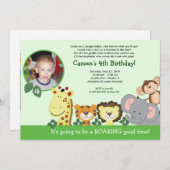 ジャングル動物園パーティーグリーン動物写真誕生日カード 招待状 (正面/裏面)