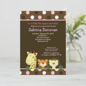 ジャングル動物園パーティー 5x7 ブラウン/ピンク ベビーシャワー 招待状 (スタンド正面)