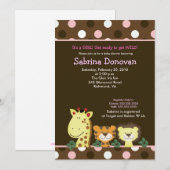 ジャングル動物園パーティー 5x7 ブラウン/ピンク ベビーシャワー 招待状 (正面/裏面)