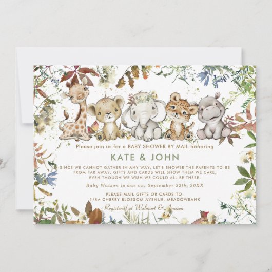 ジャングル動物男女兼用の赤ちゃんシャワーが郵便で 招待状 (正面)