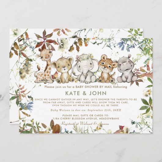 ジャングル動物男女兼用の赤ちゃんシャワーが郵便で 招待状 (正面/裏面)