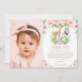 ジャングル動物赤面フローラ1st誕生日フォト サンキューカード (正面)