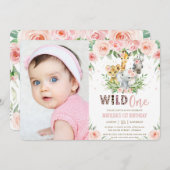 ジャングル動物赤面フローラ1st誕生日フォト 招待状 (正面/裏面)
