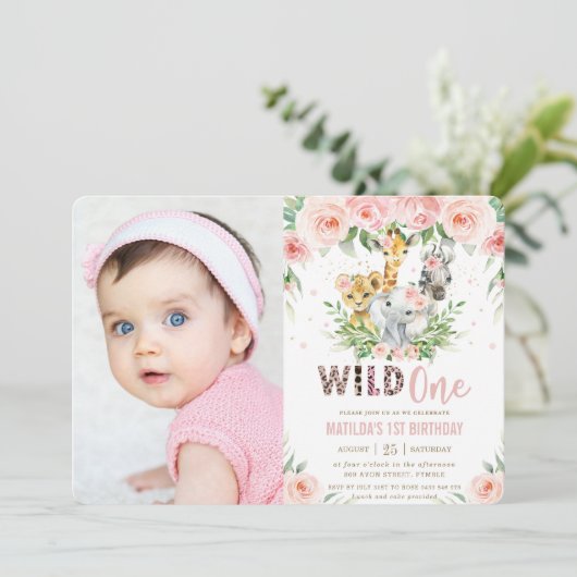 ジャングル動物赤面フローラ1st誕生日フォト 招待状 (スタンド正面)
