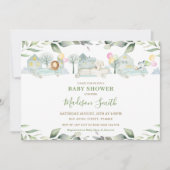 ジャングル動物車緑のベビーシャワーガール 招待状 (正面)