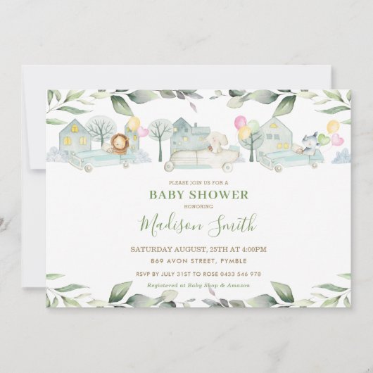 ジャングル動物車緑のベビーシャワーガール 招待状 (正面)