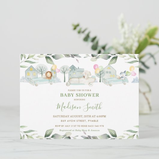 ジャングル動物車緑のベビーシャワーガール 招待状 (スタンド正面)