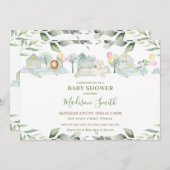 ジャングル動物車緑のベビーシャワーガール 招待状 (正面/裏面)