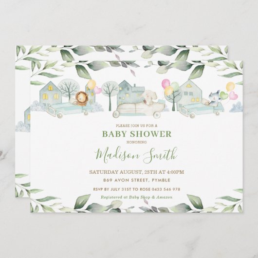 ジャングル動物車緑のベビーシャワーガール 招待状 (正面/裏面)