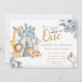 ジャングル動物部族の青い野生動物1歳の誕生日 招待状 (正面)