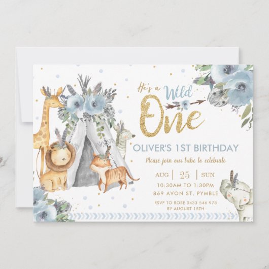 ジャングル動物部族の青い野生動物1歳の誕生日 招待状 (正面)