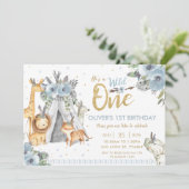 ジャングル動物部族の青い野生動物1歳の誕生日 招待状 (スタンド正面)