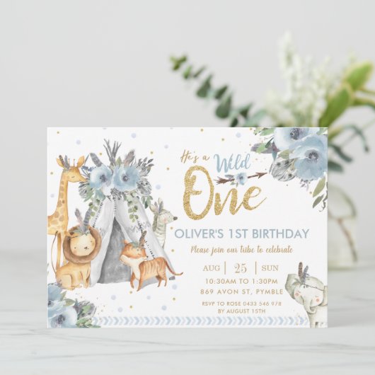 ジャングル動物部族の青い野生動物1歳の誕生日 招待状 (スタンド正面)