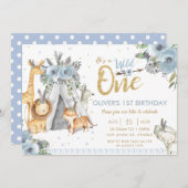 ジャングル動物部族の青い野生動物1歳の誕生日 招待状 (正面/裏面)