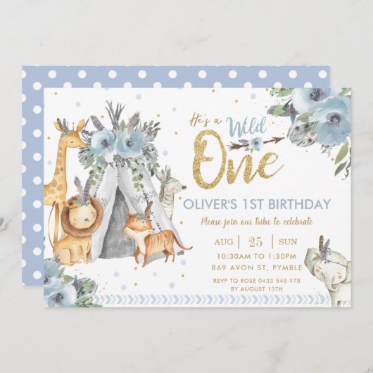 ジャングル動物部族の青い野生動物1歳の誕生日 招待状 (正面/裏面)