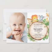 ジャングル動物1st誕生日の緑のサファリの写真 招待状 (正面)