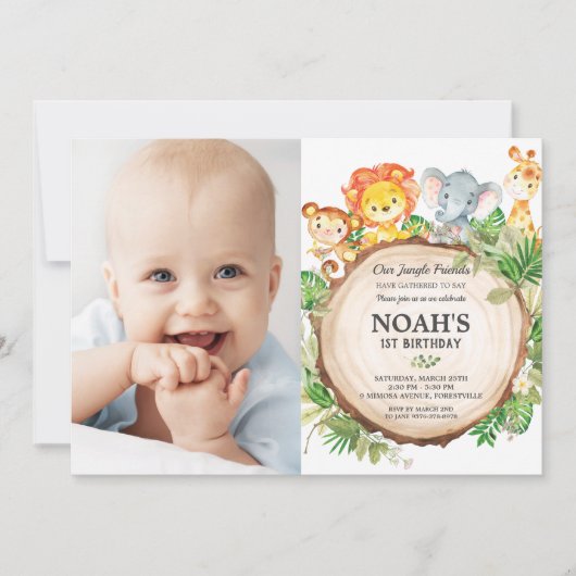 ジャングル動物1st誕生日の緑のサファリの写真 招待状 (正面)