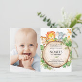 ジャングル動物1st誕生日の緑のサファリの写真 招待状 (スタンド正面)