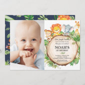ジャングル動物1st誕生日の緑のサファリの写真 招待状 (正面/裏面)