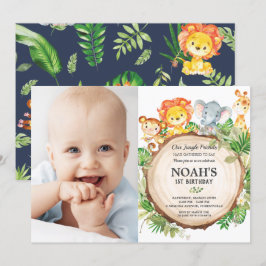 ジャングル動物1st誕生日の緑のサファリの写真 招待状