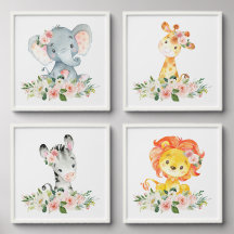 ジャングル動物,サファリ,ピンクの花,女の子子供部屋