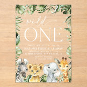 ジャングル動物，サファリ，ワイルドワン，最初の誕生日 アクリル招待状 (正面)